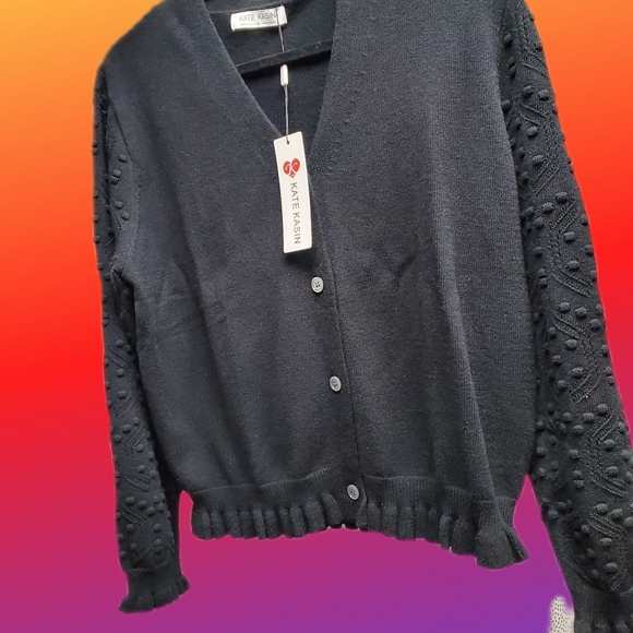 Black Sweater Short Cardigan Puff Pom Sleeves - Picture 7 of 13